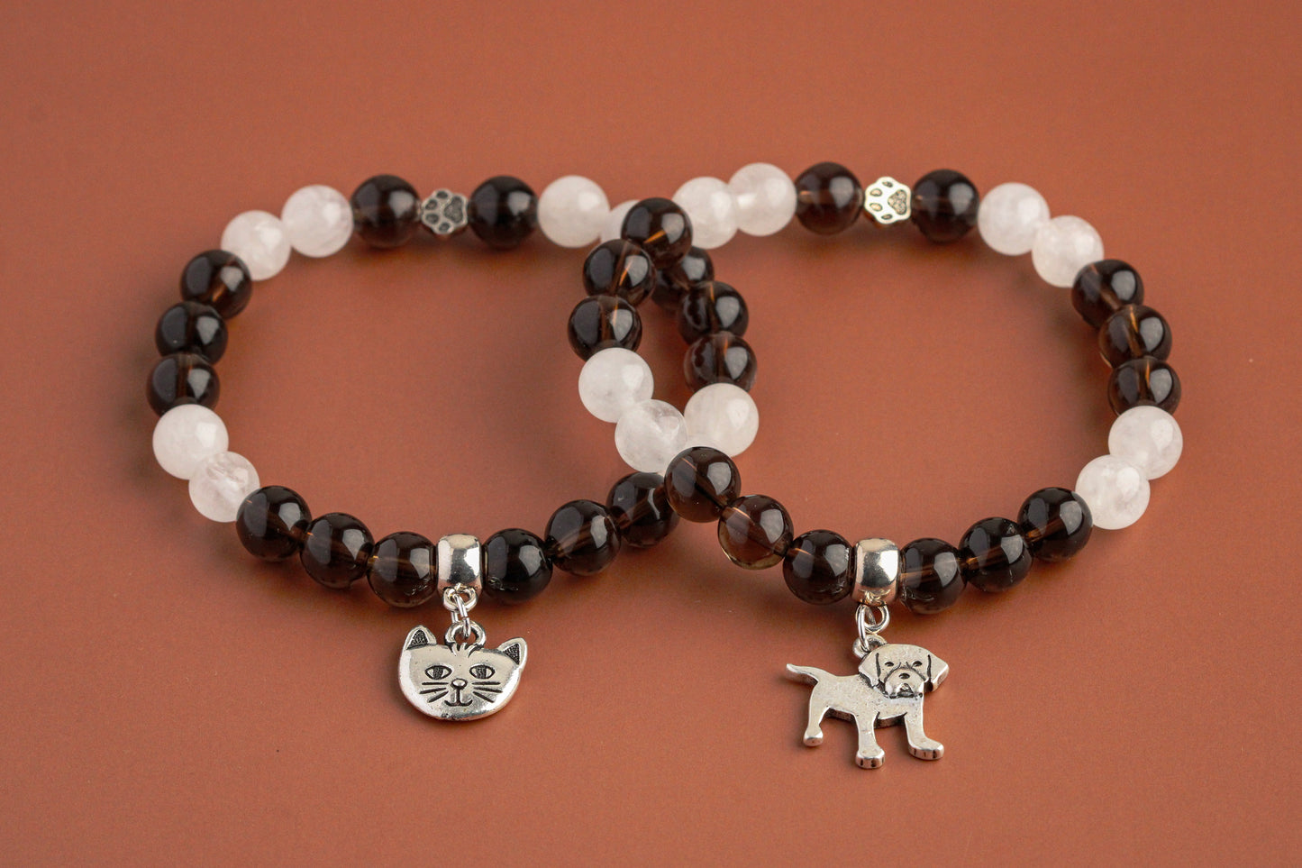 Deep Brown Smoky Quartz, Snow Quartz - Custom Gemstone Bracelet